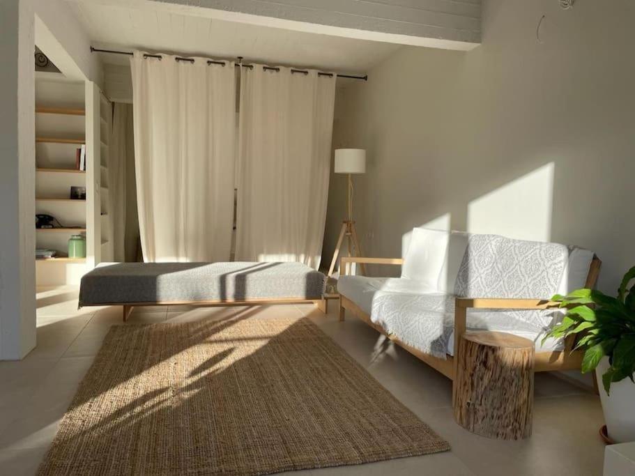 The living area, sofa and daybed in the morning light